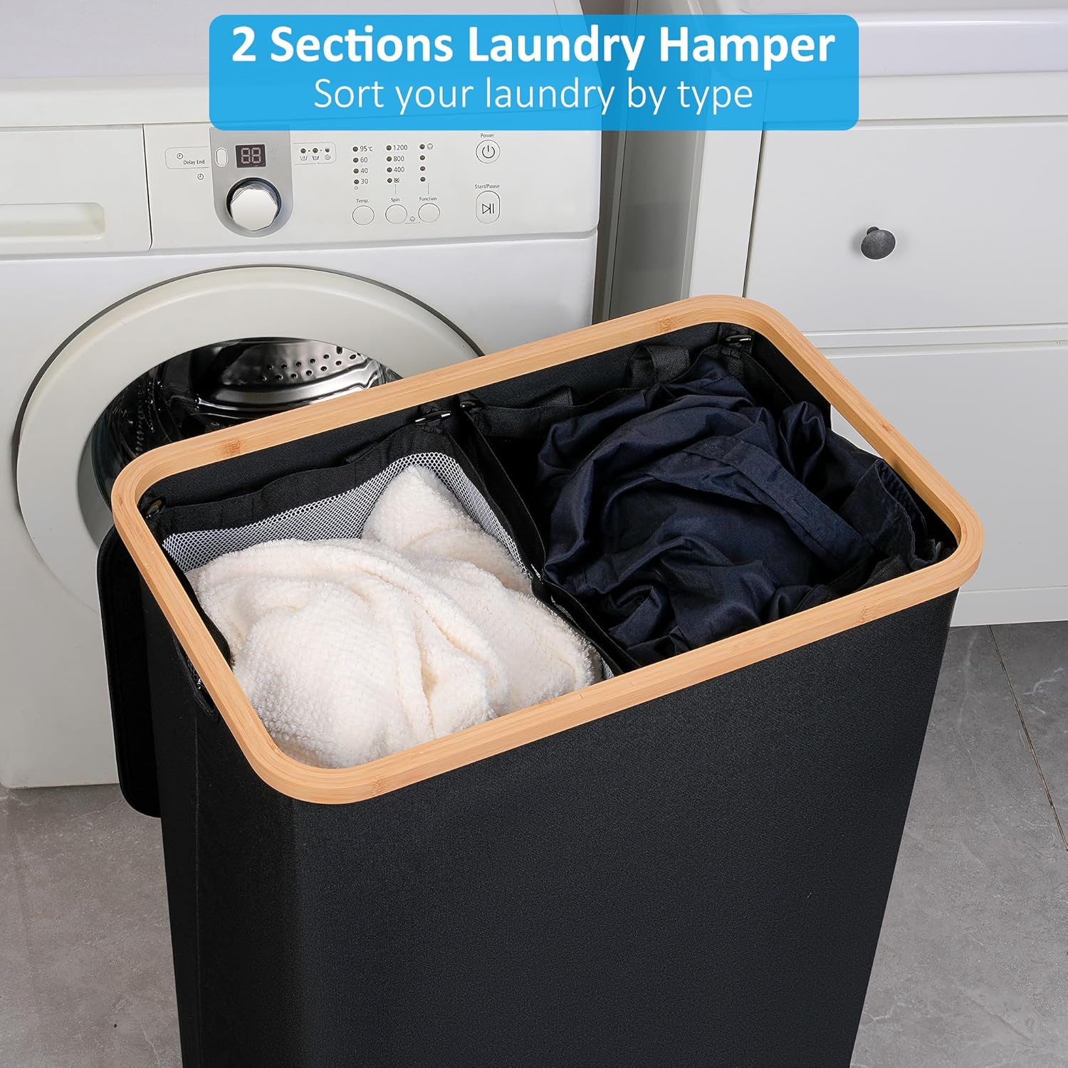 efluky Double Laundry Hamper with Lid, Divided Laundry Hamper with Removable Bags, 2 Section Dirty