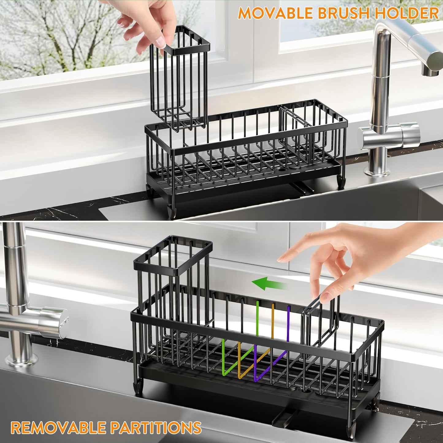 Cisily Extra Large Black Sponge Holder for Kitchen Sink, Sink Caddy Organizer with High Brush
