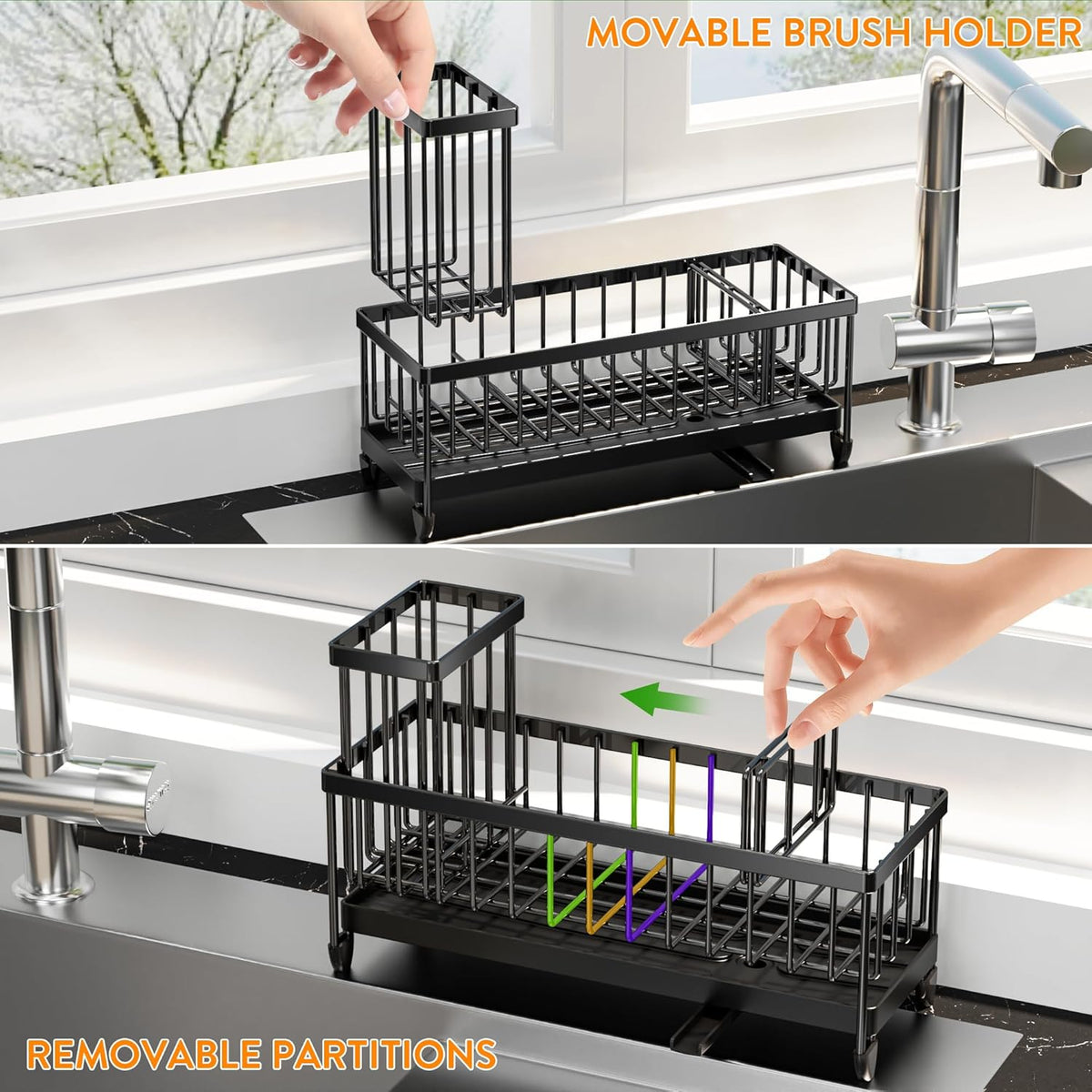 Cisily Extra Large Black Sponge Holder for Kitchen Sink, Sink Caddy Organizer with High Brush