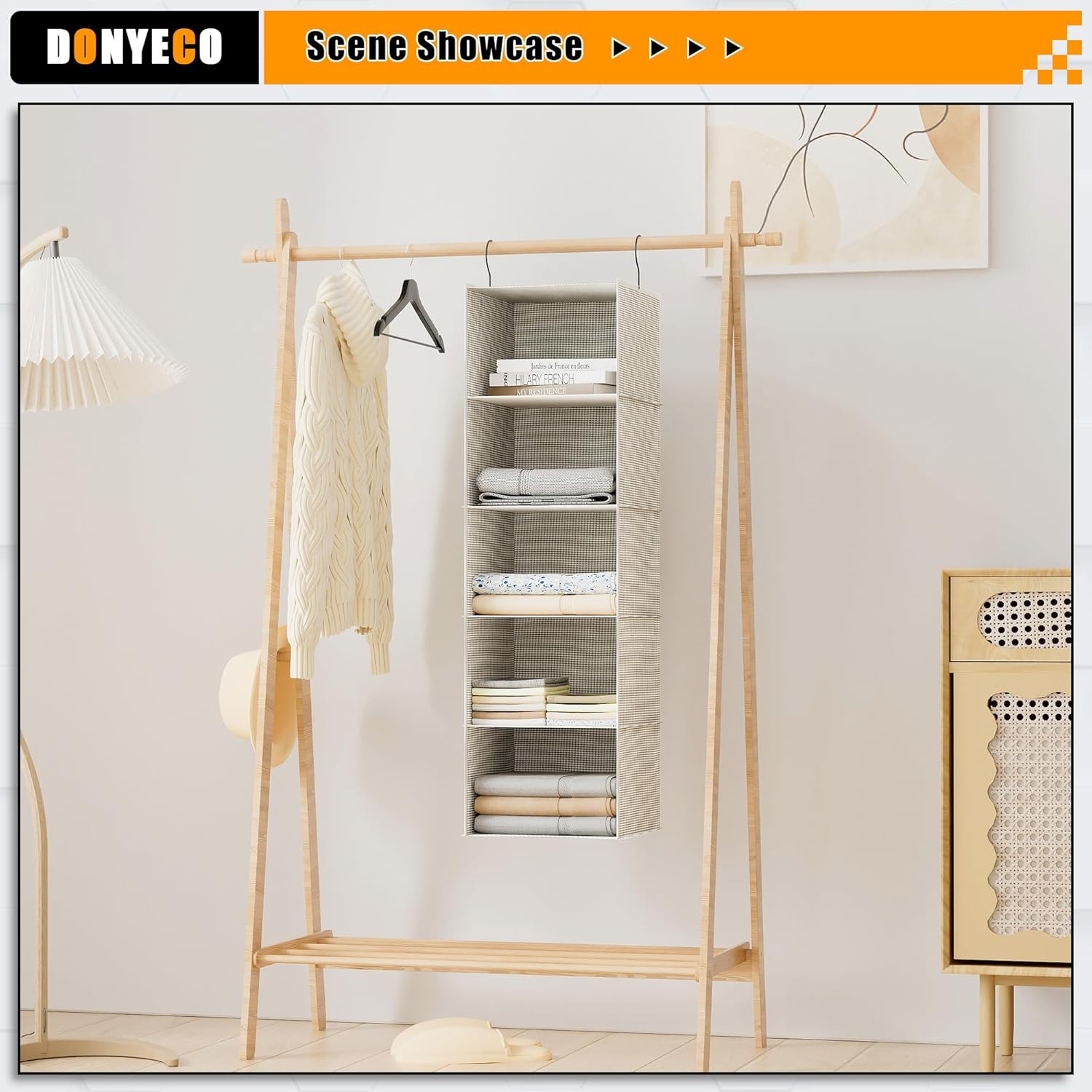 Hanging Closet Organizer, Easy Mount Foldable 5-Shelf Hanging Closet Wardrobe Storage Shelves