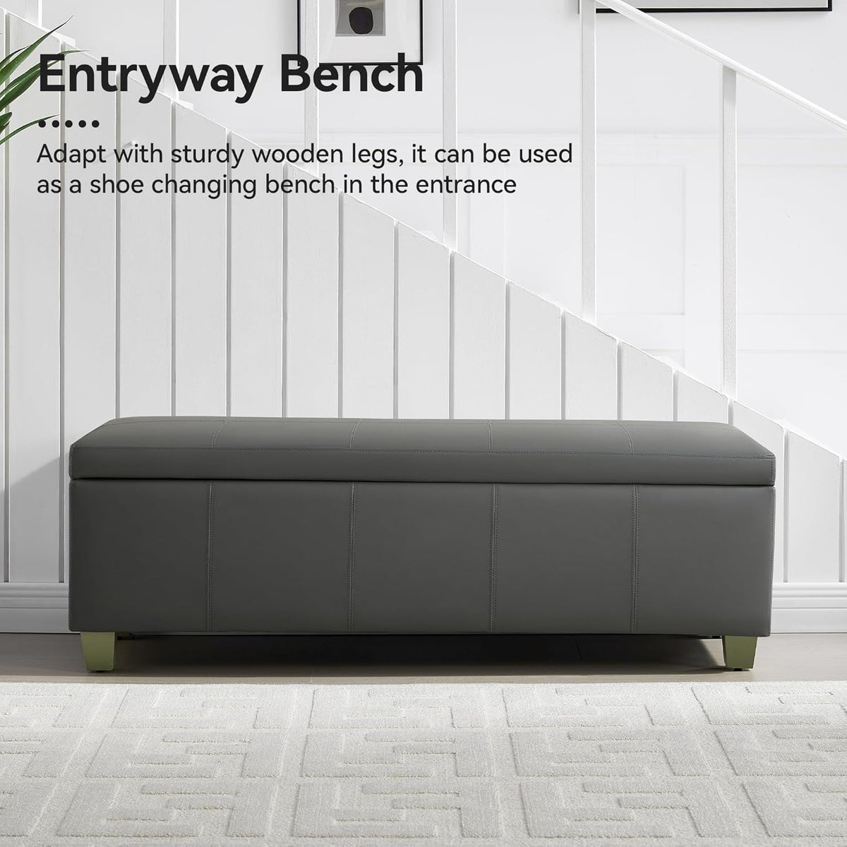 51" Faux Leather Storage Ottoman, Stitch Tufted Rectangle Upholstered End of Bed Storage Bench