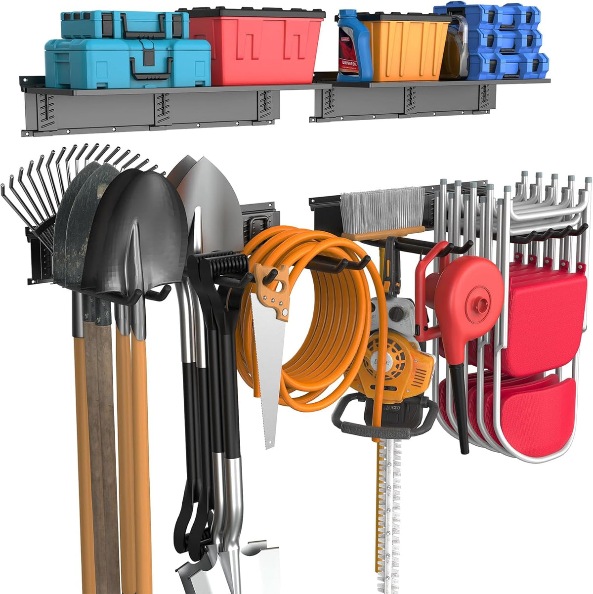 WALMANN Wall Mounted Garden Tool Rack with Shelves for Garage, Heavy Duty Folding Chair Hangers