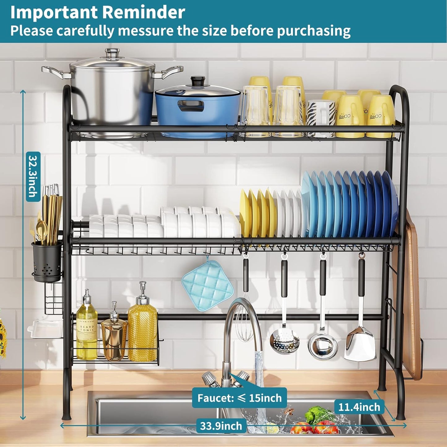 HOWDIA Over The Sink Dish Drying Rack, 3-Tier Stainless Steel Large Over The Sink Dish Rack with