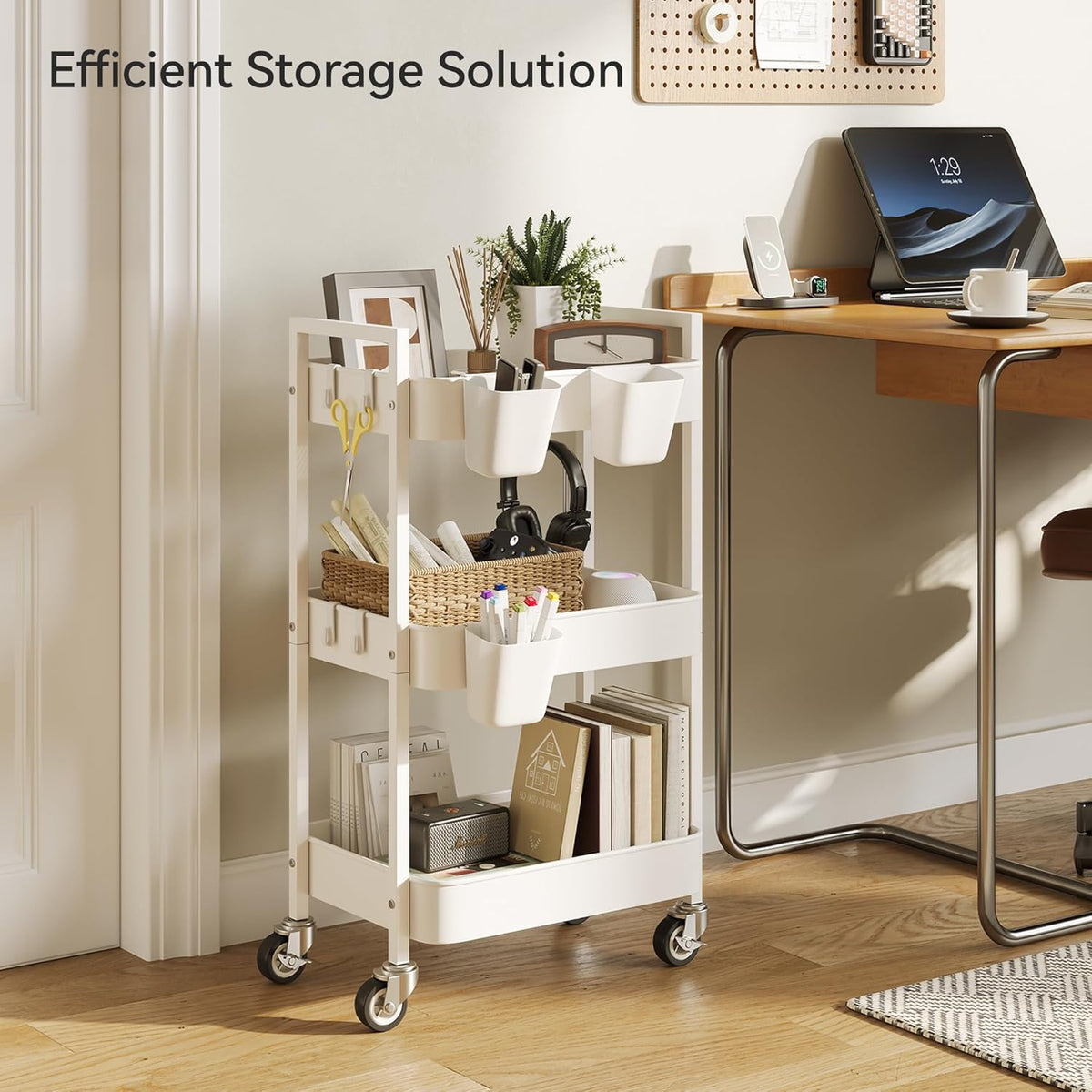 3 Tier Rolling Cart,Utility Cart with Locking Wheels, Hanging Cups,&Hooks, Heavy Duty Metal Storage