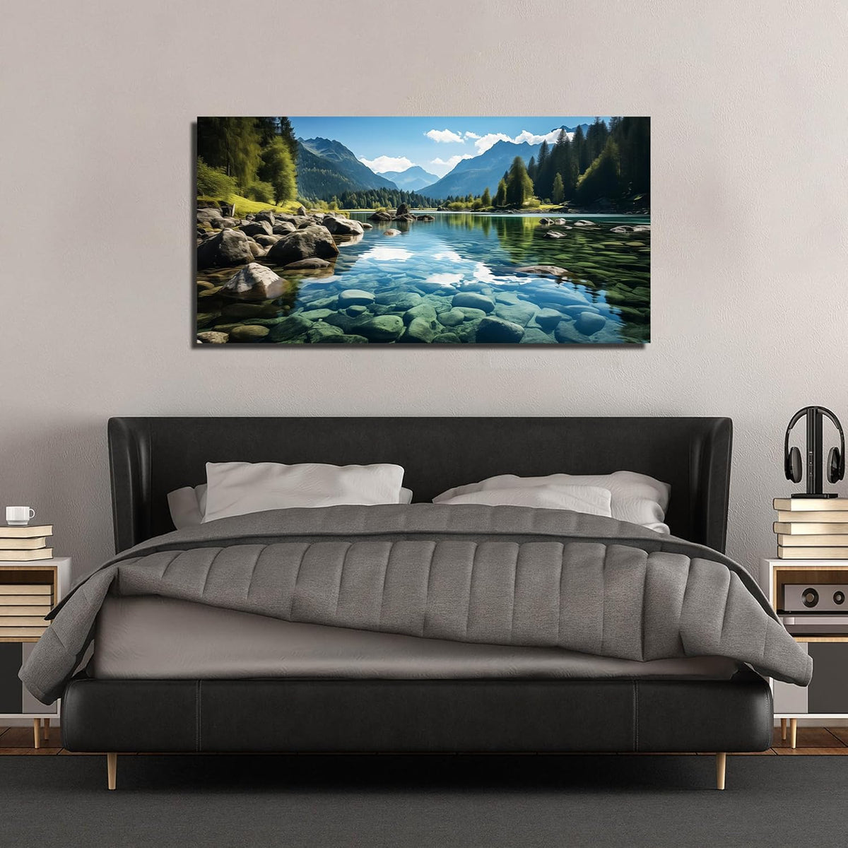 GUGIKA Landscape Wall Art for Living Room, Mountain and Lake Wall-Decor for Bedroom, Natural