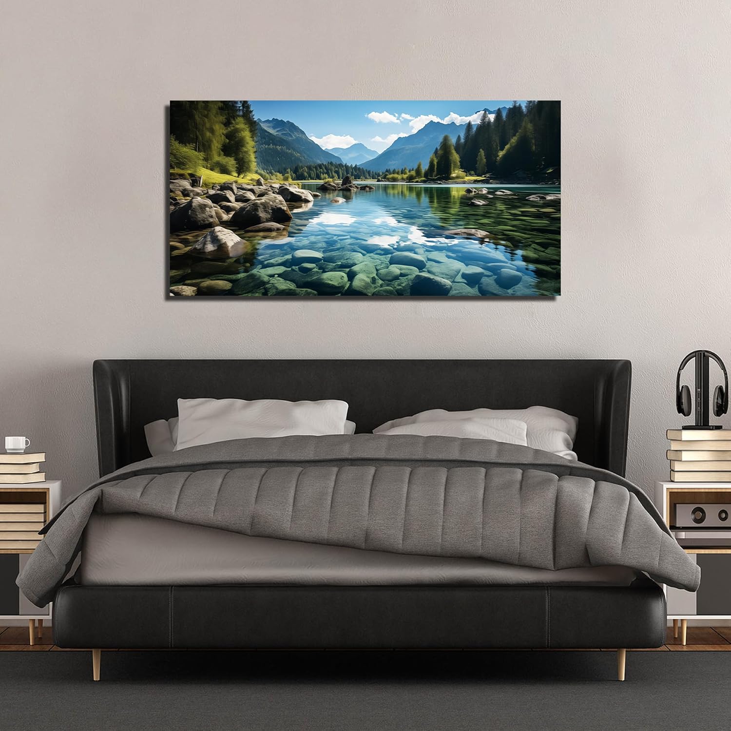 GUGIKA Landscape Wall Art for Living Room, Mountain and Lake Wall-Decor for Bedroom, Natural