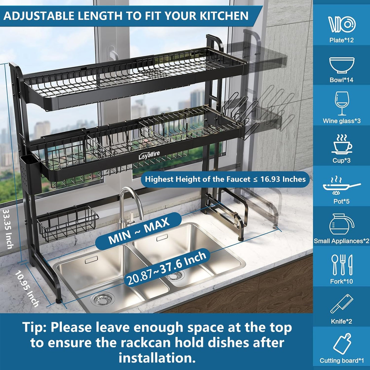Over Sink Dish Drying Rack, 3 Tier Adjustable Length (20.87'' to 37.6'') Full Stainless Steel Large