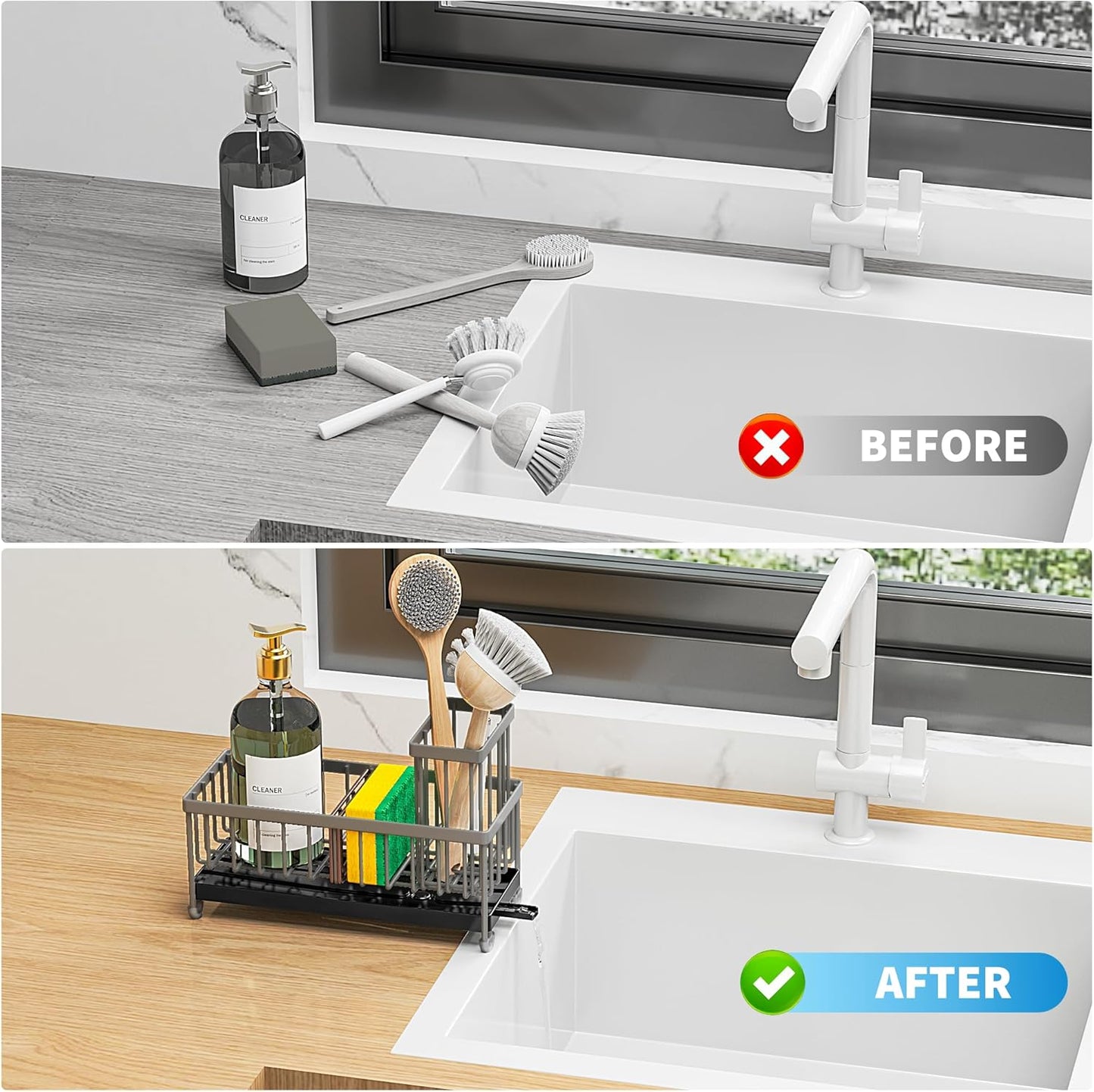 Cisily Light Gray Sponge Holder for Kitchen Sink, Sink Caddy Organizer with High Brush Holder