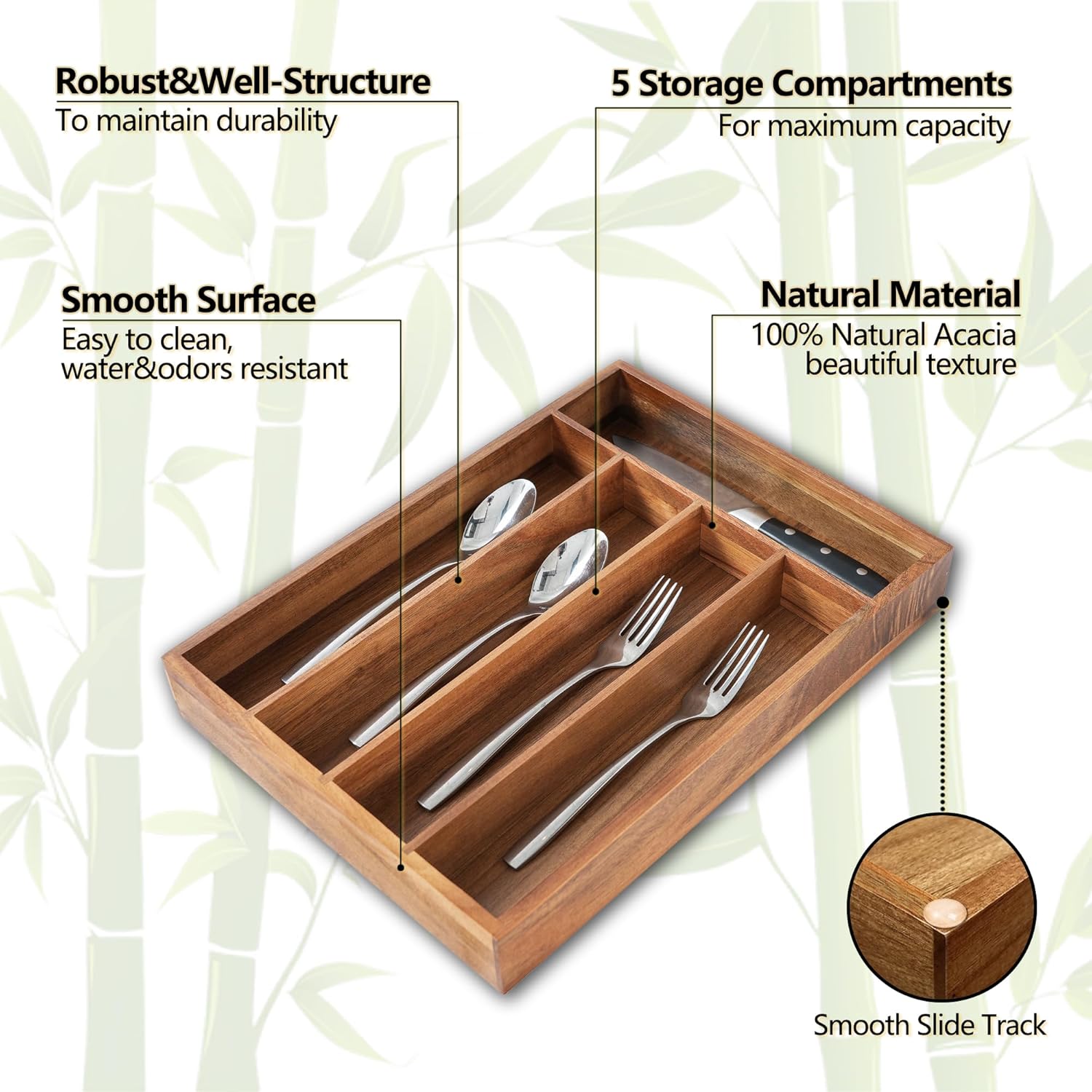 Silverware Organizer, 10 Inch Utensil Organizer Kitchen Drawer Organizer Acacia Silverware Holder