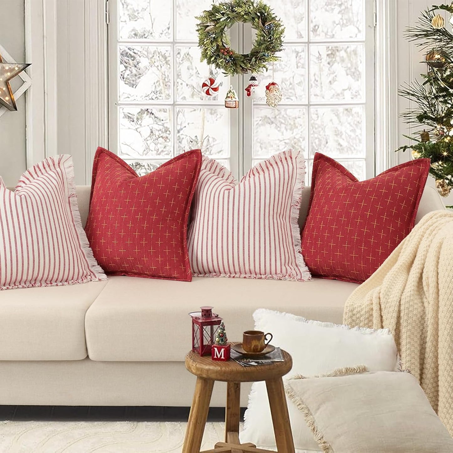 ZWJD Christmas Pillow Covers 24x24 Set of 2 Soft Polyester Textured Red Pillows with Stylish Flange