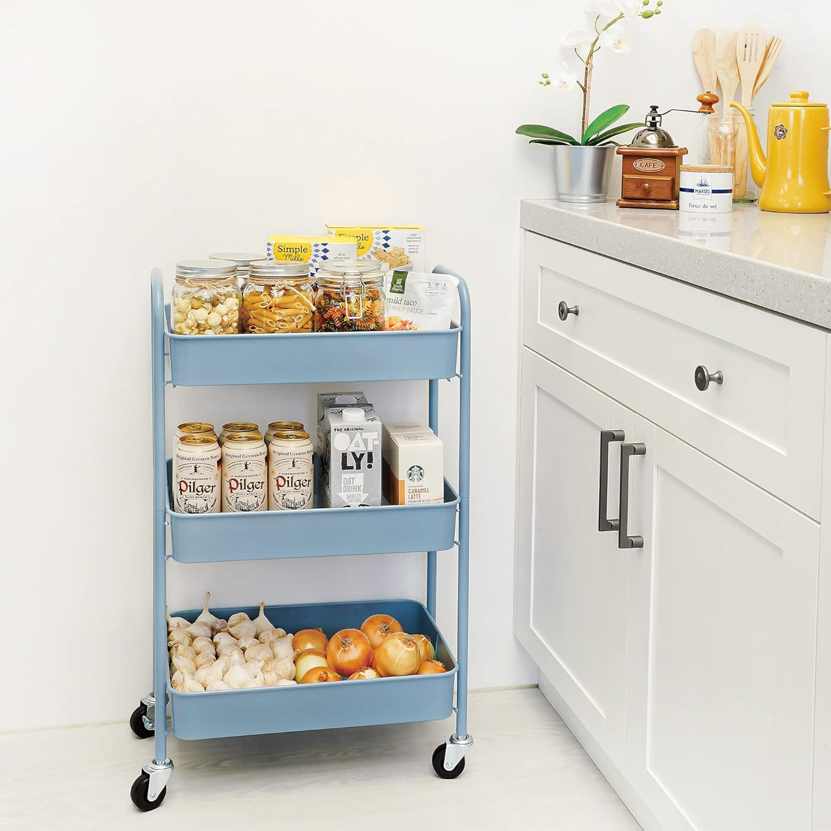 CAXXA 3-Tier Rolling Metal Storage Organizer - Mobile Utility Cart with Caster Wheels, Blue