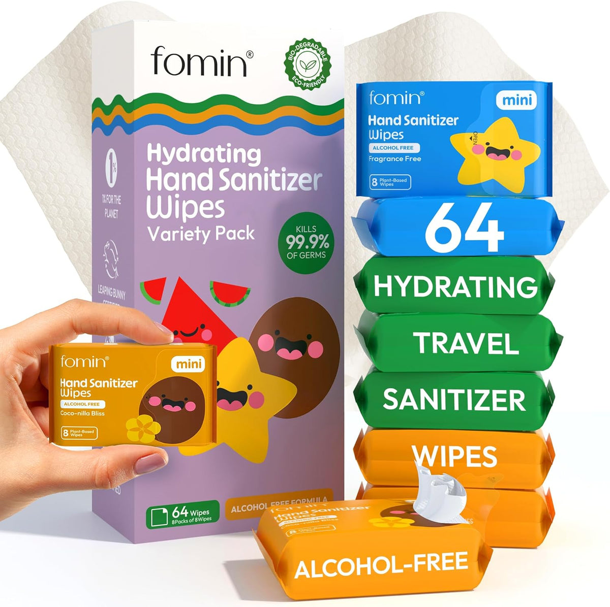 Fomin Mini Hand Sanitizer Wipes 8 Pack (8 Count) - Variety Pack Mini Wet Wipe - pH Balanced