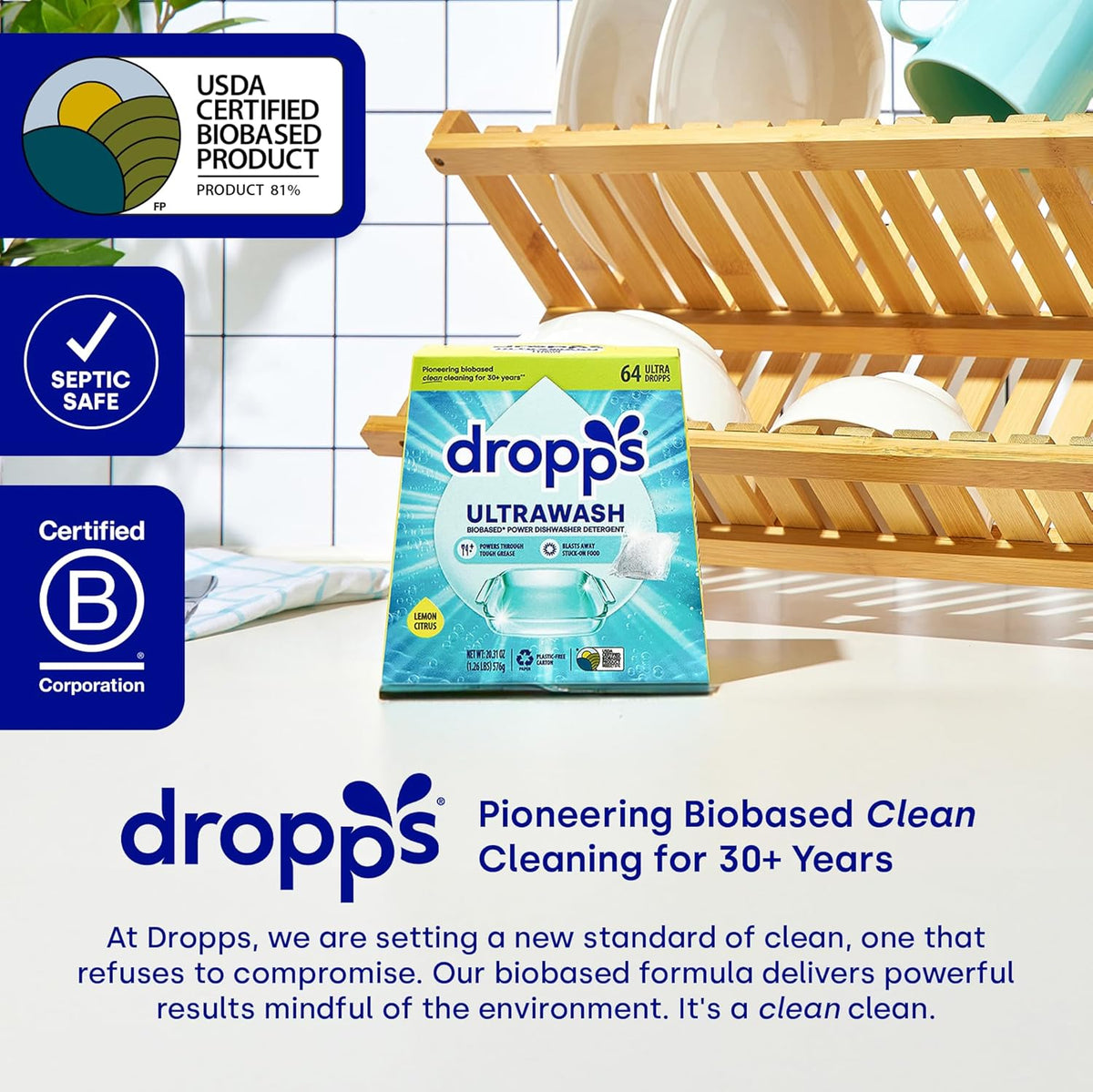 Dropps UltraWash Dishwasher Pods, Unscented (64 Count) - Biobased Power Deep Clean Dishwasher