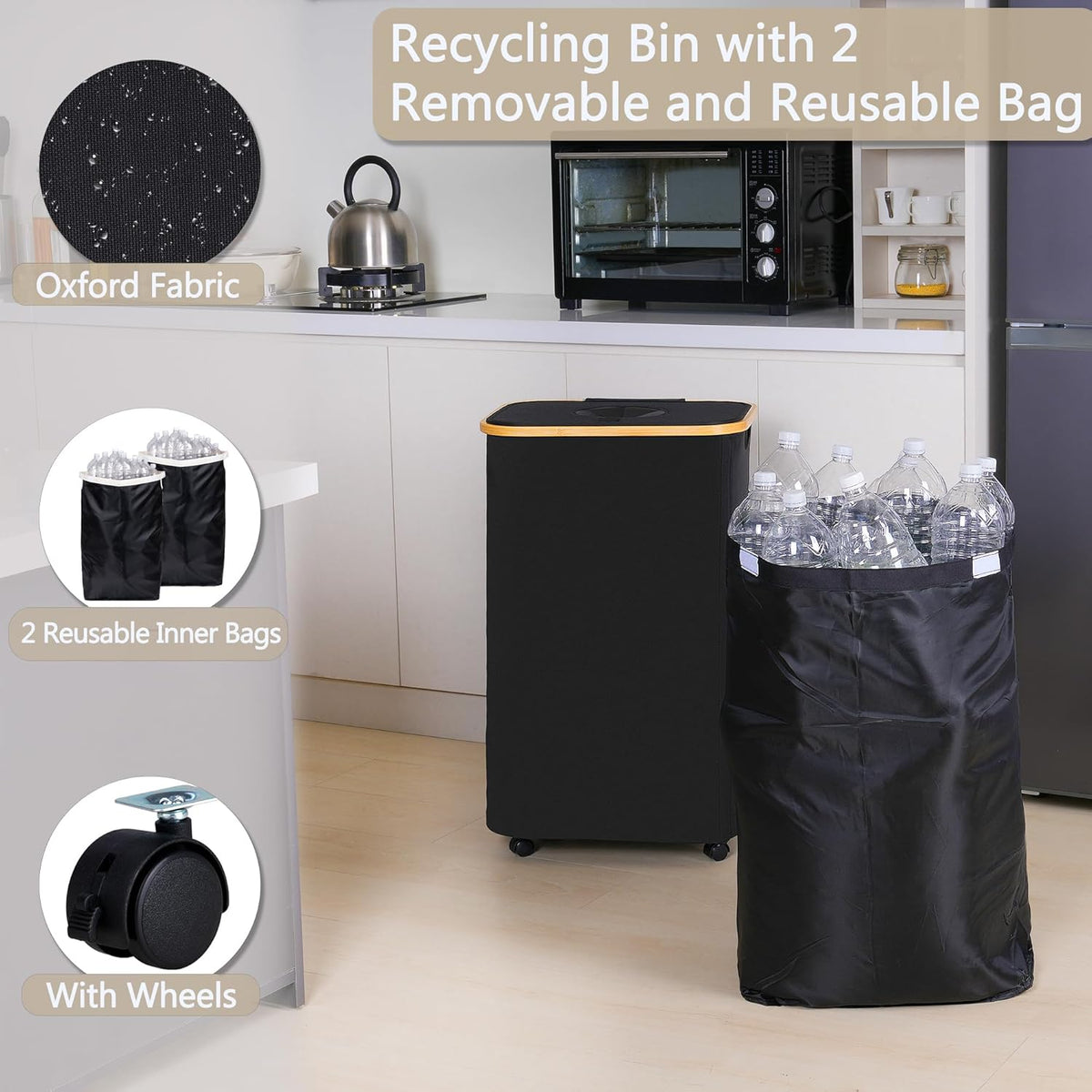 efluky Recycle Bins for Kitchen 100L (26 Gallon), Recycling Bin with Wheels and 2 Removeable and