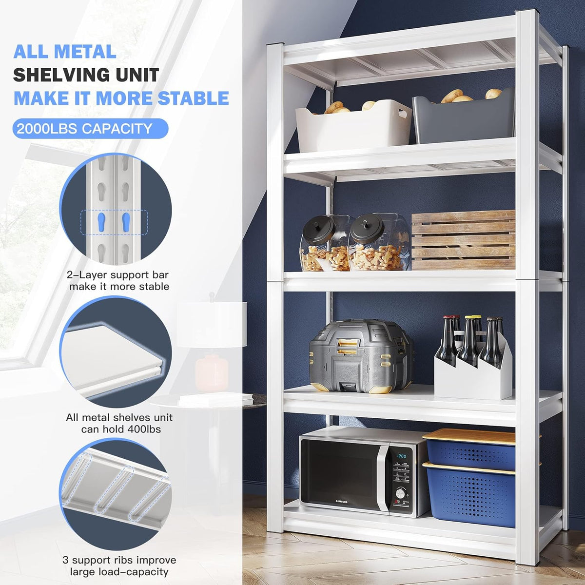 Raybee Garage Shelving Heavy Duty 2000LBS Storage Shelves Heavy Duty Shelving 5 Tier White Metal