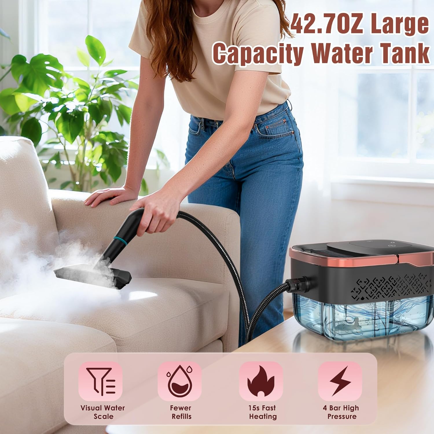 Steam Cleaner, 4 Bar High Pressure Steamer with 6-Level Adjustable, 15s Heat-Up, 42.7oz Large Tank