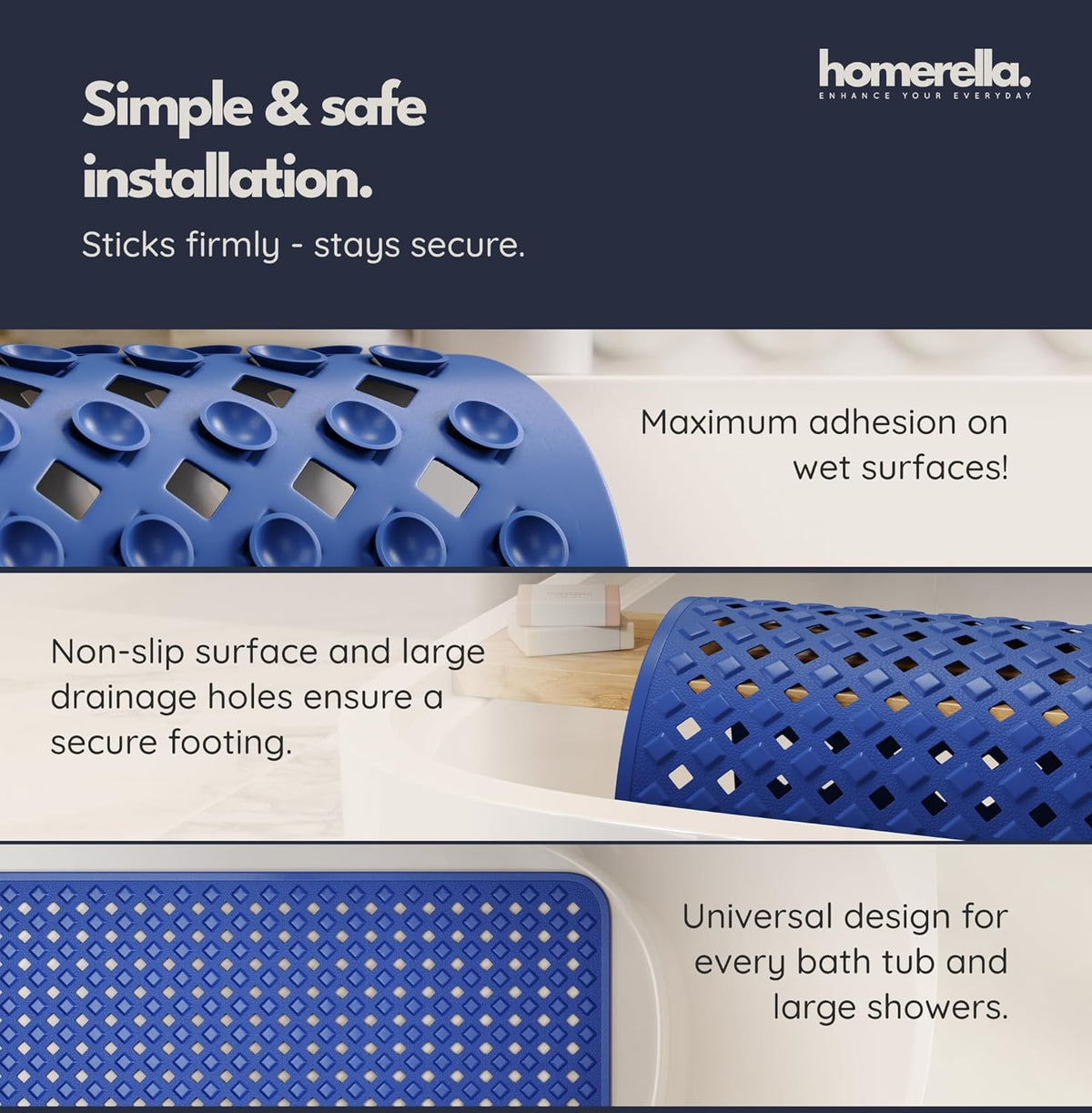 homerella® Bathtub Mat Non Slip 35x16, Incl. Hooks for Drying, Extra Long, 100% BPA Free, Shower