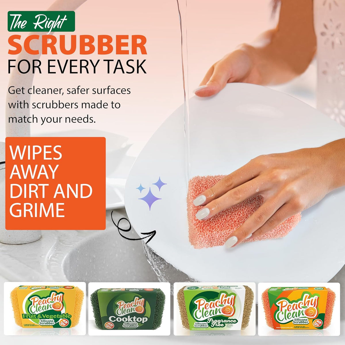 Peachy Clean Silicone Dish Sponge Scrubbers, Fresh Peach Scent, Non-Scratch, Odor-Resistant