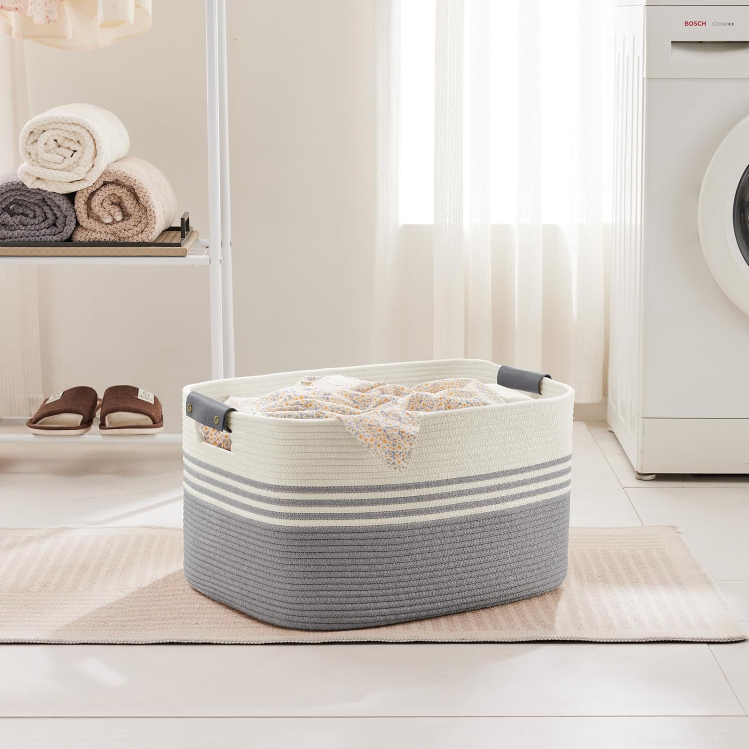 60L Large Laundry Basket with Leather Handles for Living Room Storage, Woven Rope Baskets Bin for