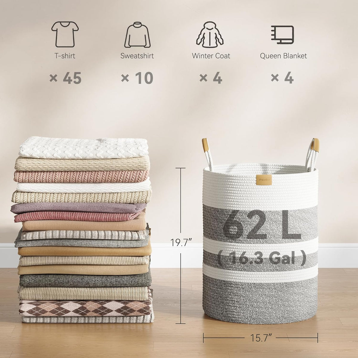 62L Striped Laundry Hamper with Leather Handles,Large Foldable Laundry Basket for Clothes,Cotton