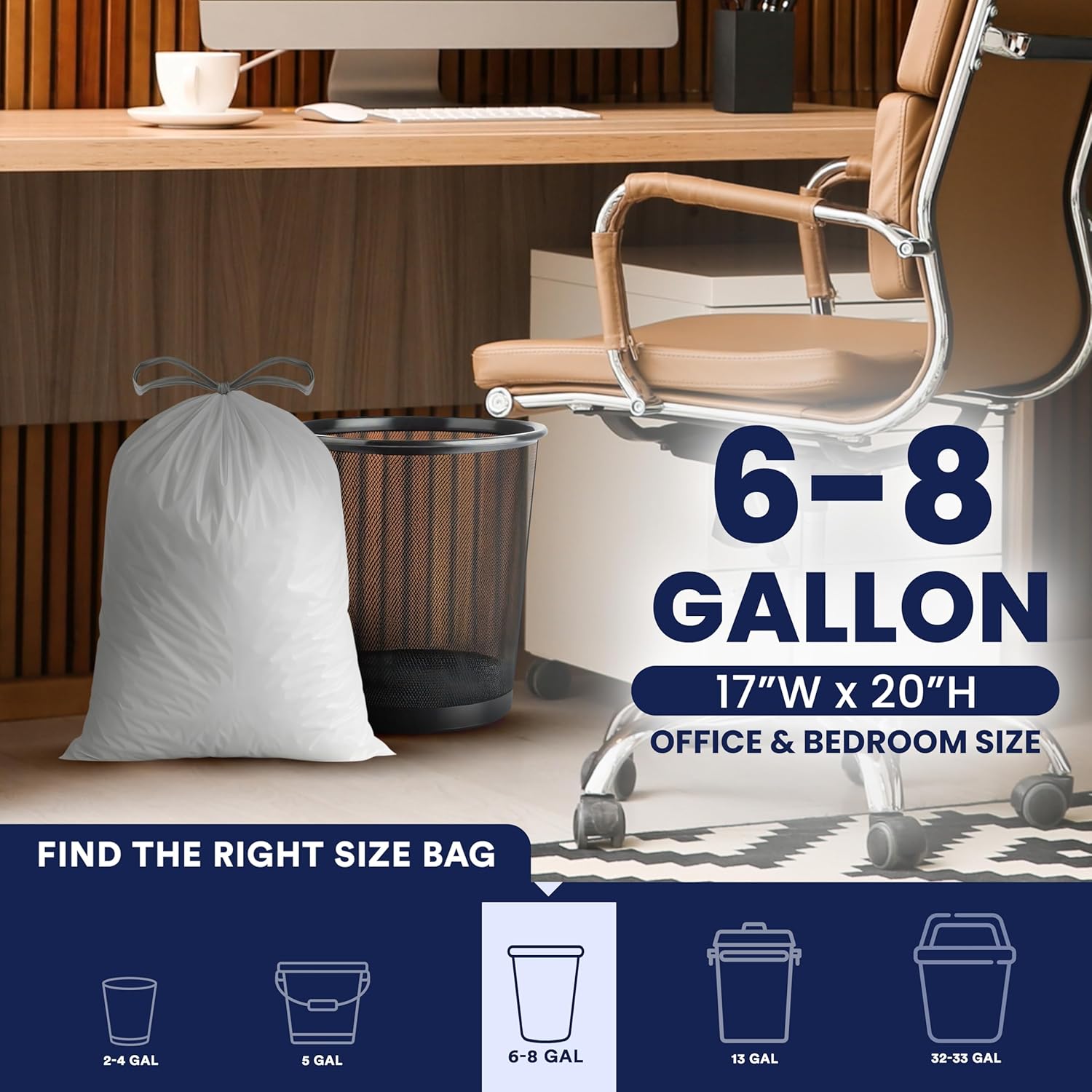 Plasticplace 6 Gallon Trash Bags White Drawstring Garbage Can Liners, 17” x 20”, 100 Count, for