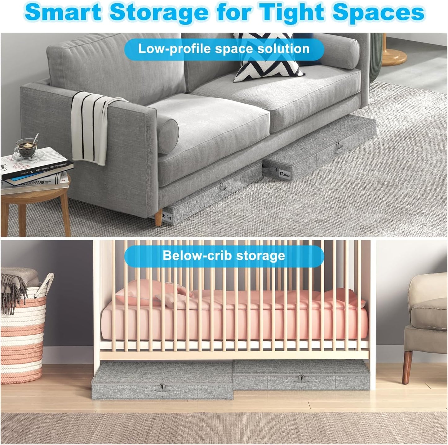 Under Bed Storage Container Bins 2 Pack, 5 Inch Thin Low Profile Underbed Clothes Storage Organizer