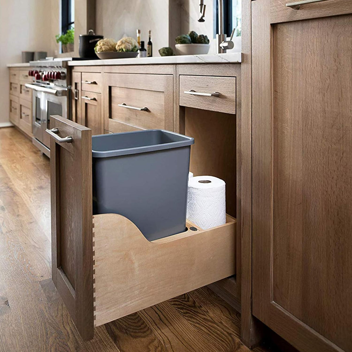 Rev-A-Shelf Pullout Trash Can for Kitchen Cabinet, Single 35 Qt Bin with 12" Wood Frame - Large