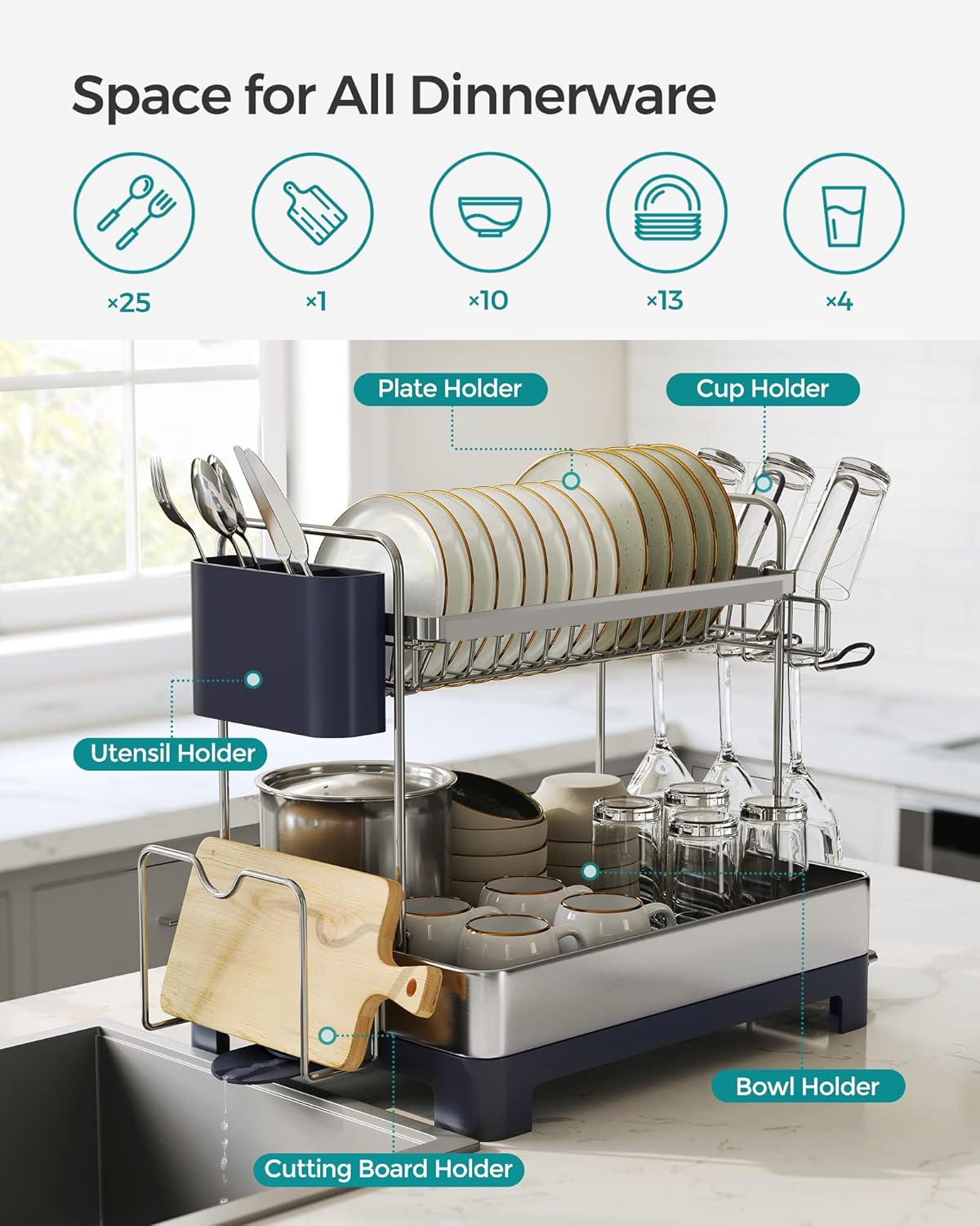 SONGMICS Dish Drying Rack - 2 Tier Dish Rack for Kitchen Counter with Rotatable and Extendable