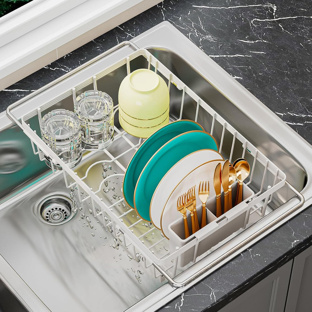 Small Dish Drying Rack in Sink, Expandable Stainless Steel Dish Drainers for Kitchen Counter, with