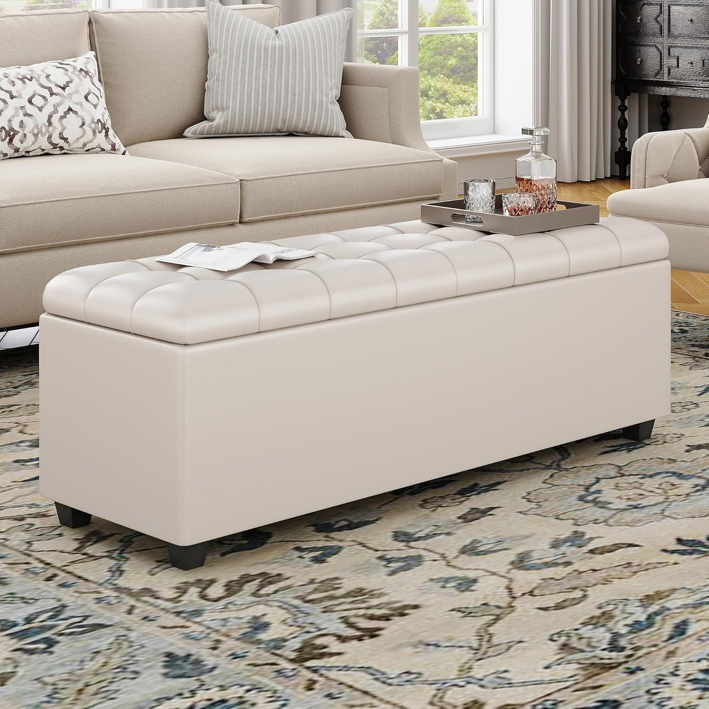 Small 38 Inches Long White Ottoman Bench with Storage,Footstool Furniture End of Bed Benches,Faux
