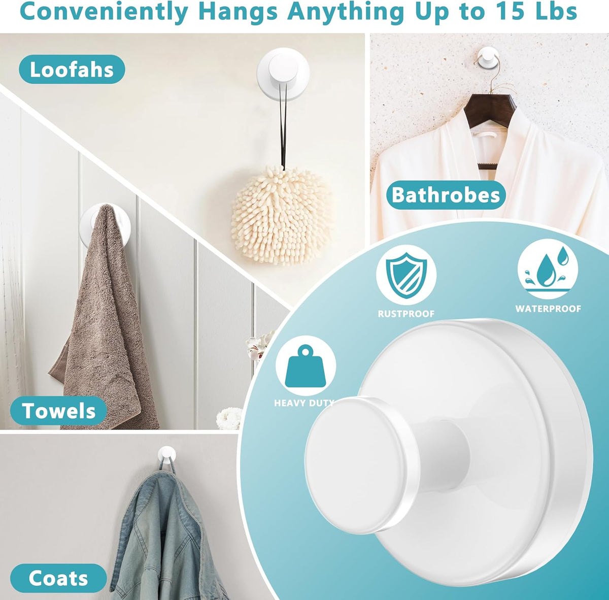 Suction Cup Hooks for Shower,Removable No Drill Towel Hooks,Upgraded 15 lbs Strong Suction hooks