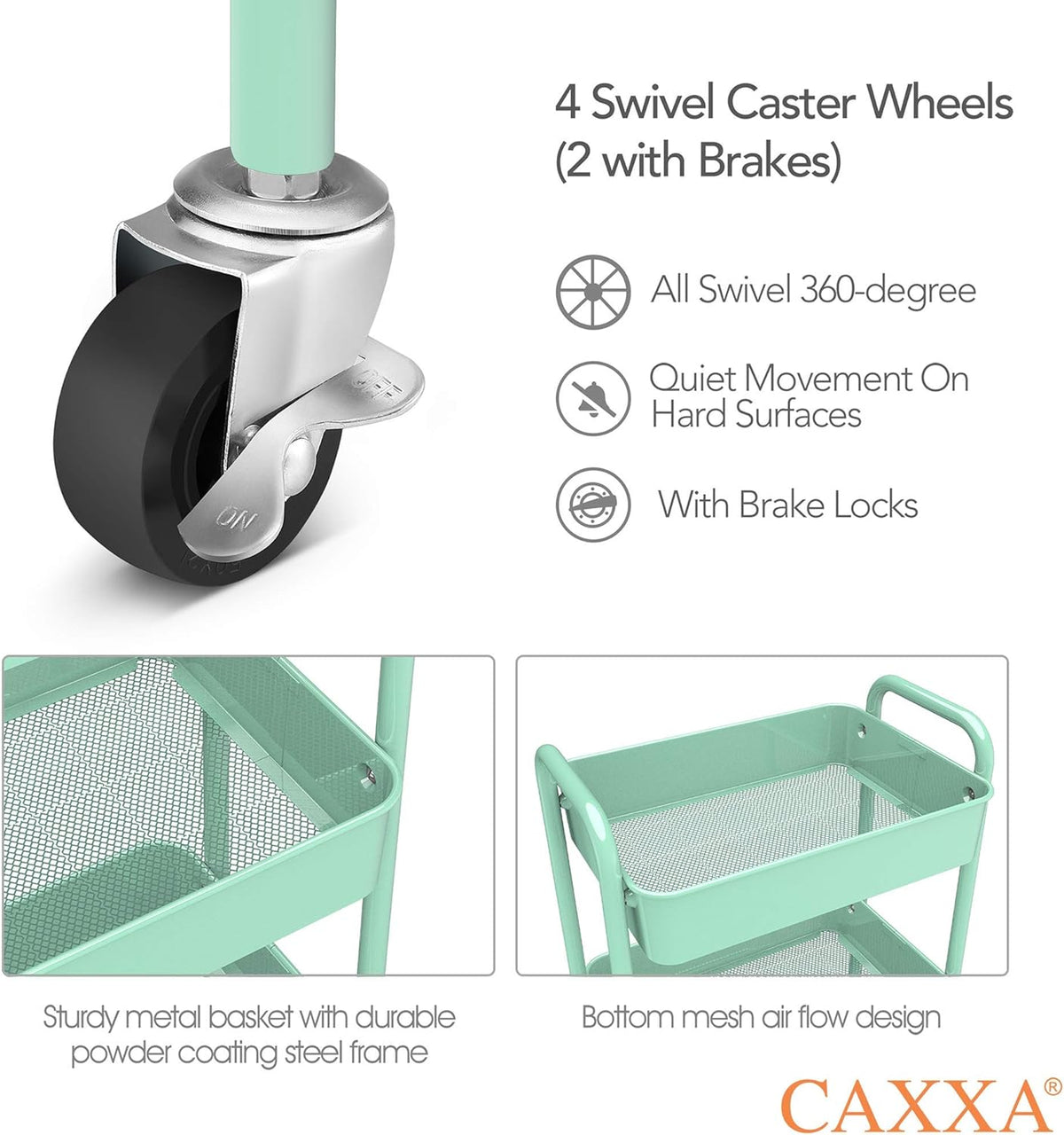 CAXXA 3-Tier Rolling Metal Storage Organizer - Mobile Utility Cart, Kitchen Cart with Caster Wheels