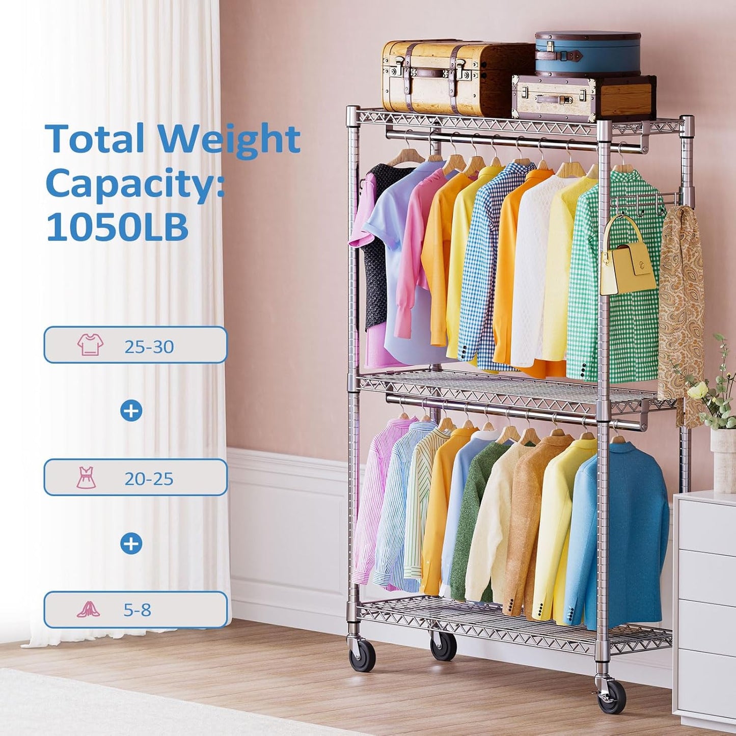IZEUK 3-Tier Heavy Duty Rolling Garment Rack, Chrome Metal Freestanding Closet Wardrobe Rack with