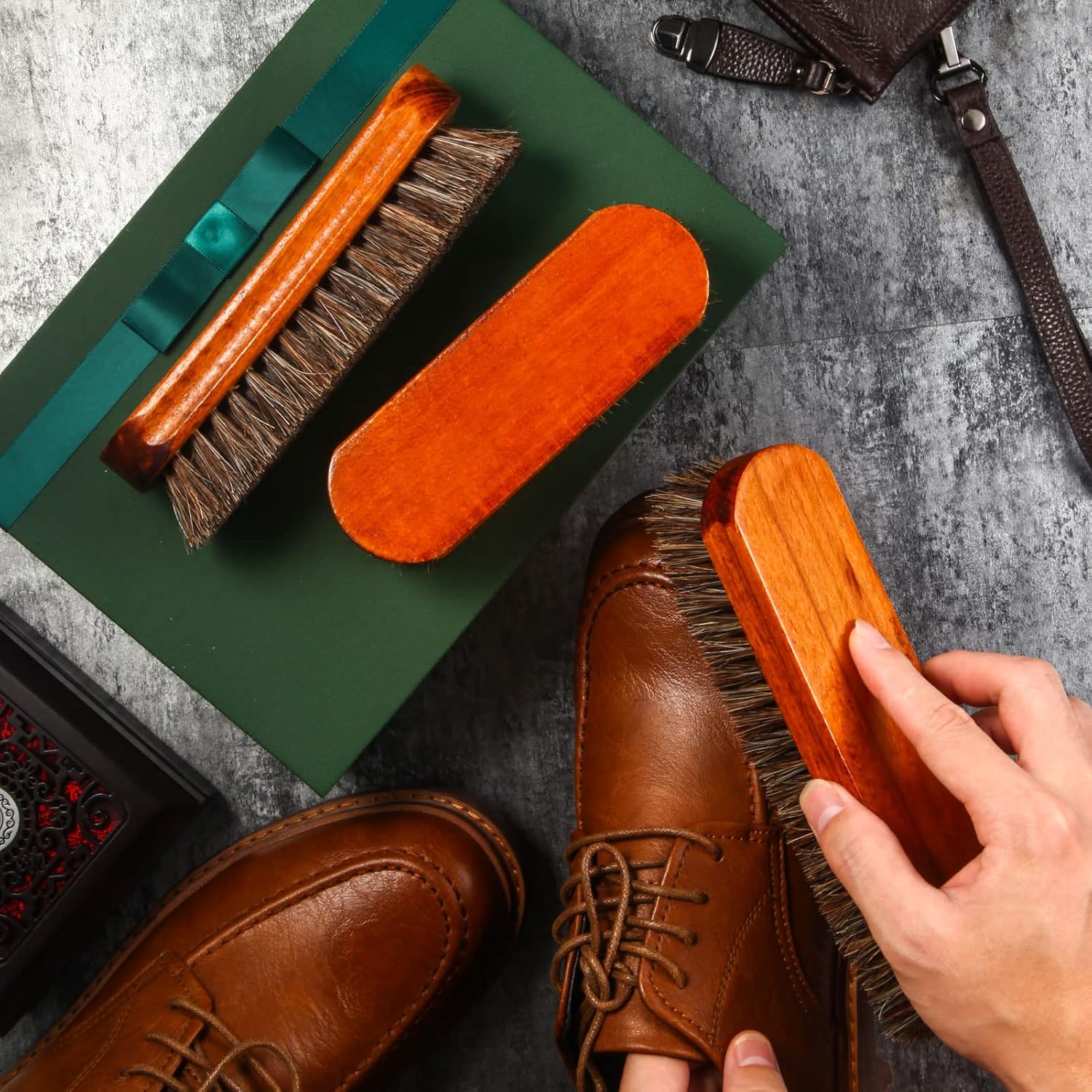 4 Pcs Horsehair Shine Shoes Brush Kit Polish Dauber Applicators Cleaning Leather Shoes Boots Care