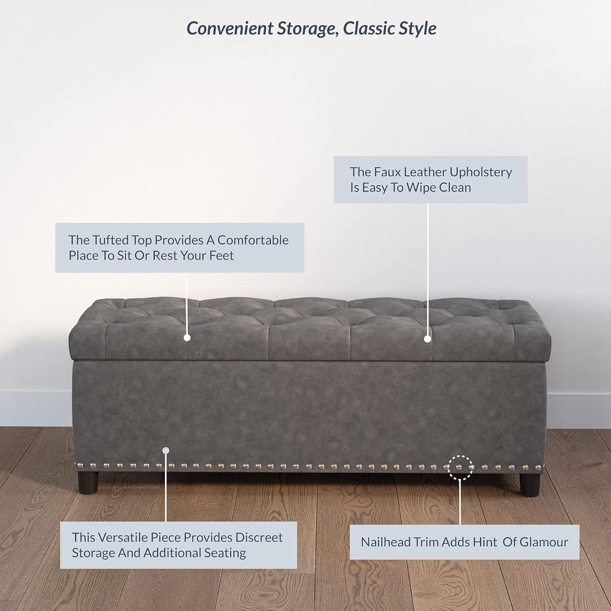 BELLEZE 47" Storage Ottoman, Storage Bench with Safety Close Hinge, Faux Leather Button-Tufted
