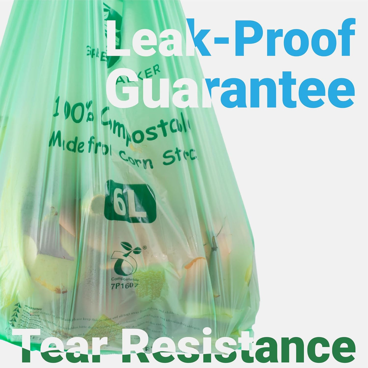 GREENER WALKER 100% Compostable Trash Bags with Tie Handles, 1.6 Gallon-150Bags, Food Scrap Kitchen