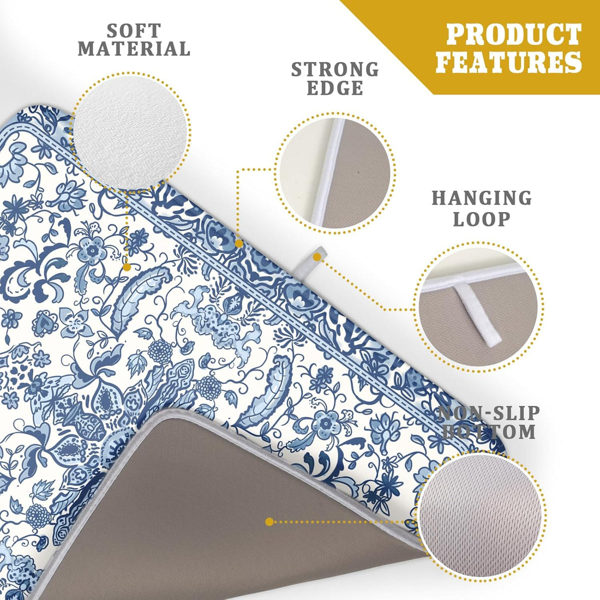 Chinoiserie Floral Dish Drying Mat for Kitchen Counter Blue and White Flowers Pattern Dish Drying