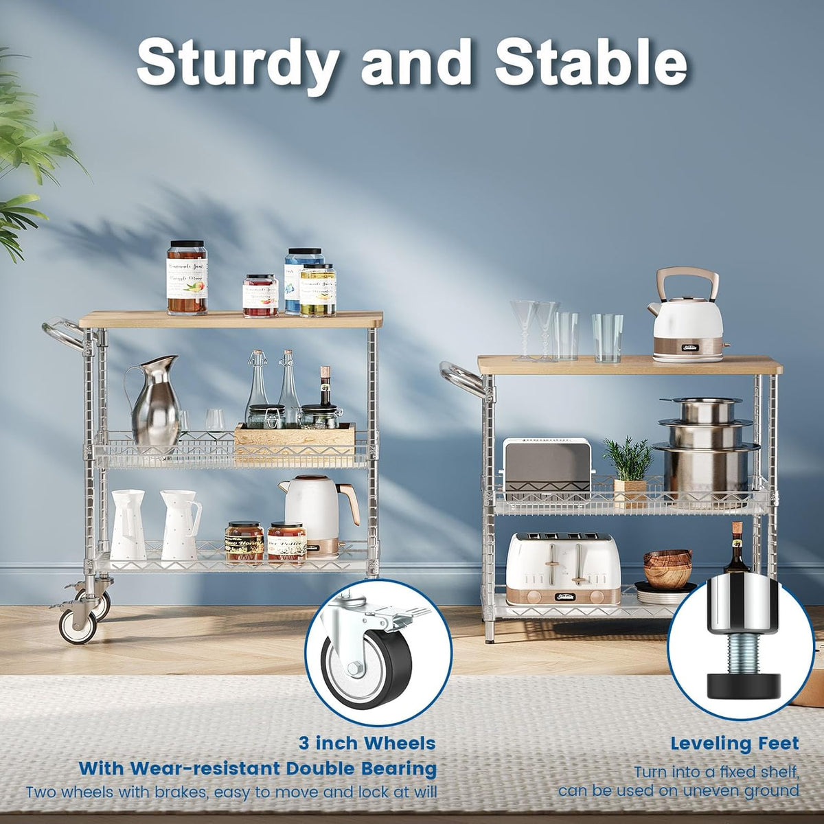 Leteuke Rolling Kitchen Carts with Wheels, 34" L x 17.5" W, 3-Tier Heavy Duty Utility Cart with