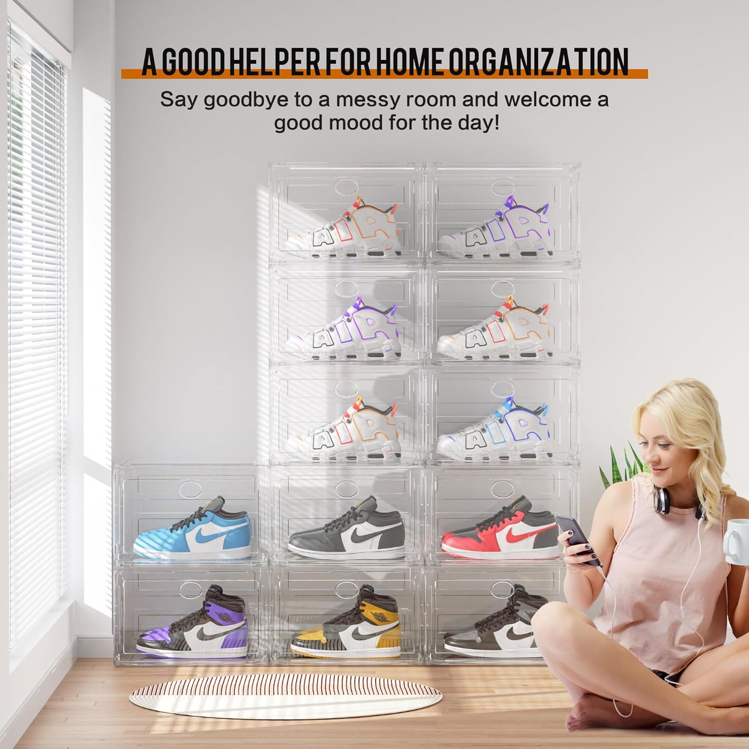 KEFA XL Shoe Storage Box Organizer, 8 Pack Shoe Boxes Clear Plastic Stackable, Sneaker Display Case