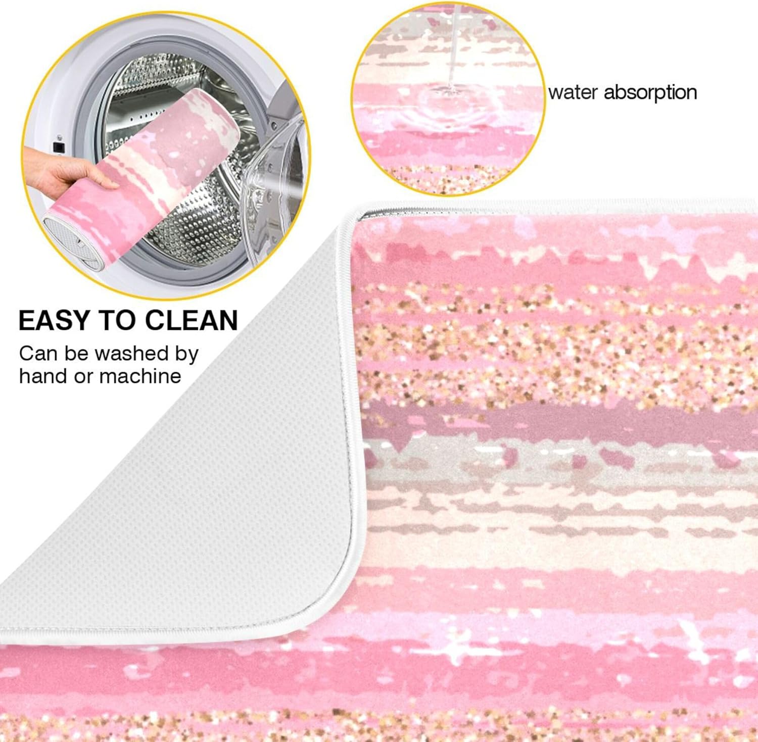 Pink Gold Stripe Dish Drying Mat for Kitchen Countertop 16x18 Rectangle Small Drying Mat Reusable