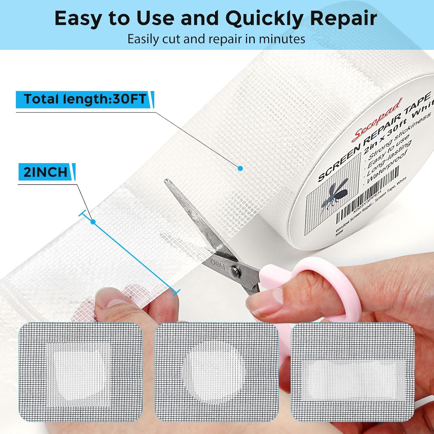 White Window Screen Repair Tape, 2 in X 30 FT (360IN) Kit for Windows or Doors, Strong Adhesive