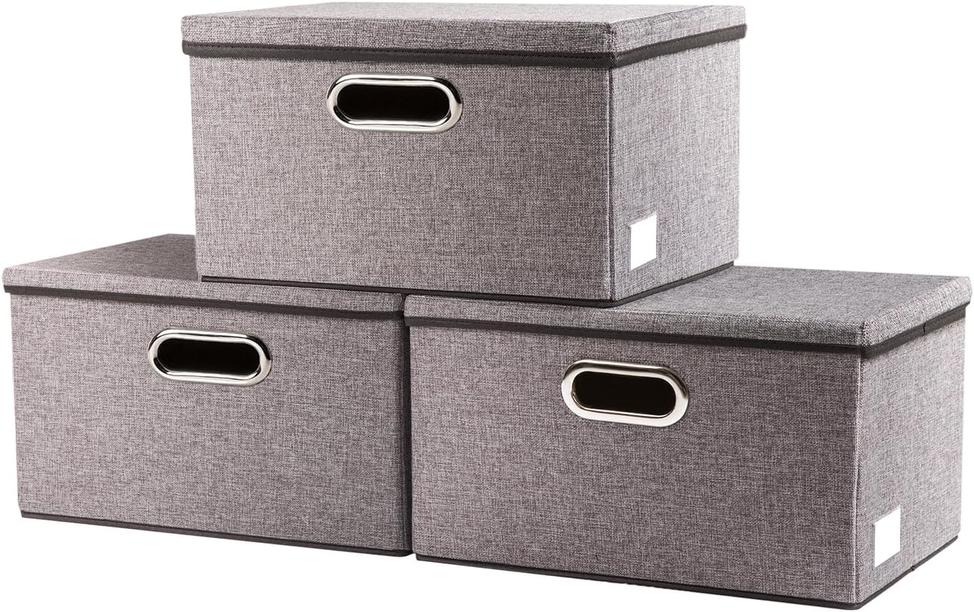 PRANDOM Storage Bins with Lids [3-Pack] Linen Fabric Foldable Storage Boxes Organizer Containers