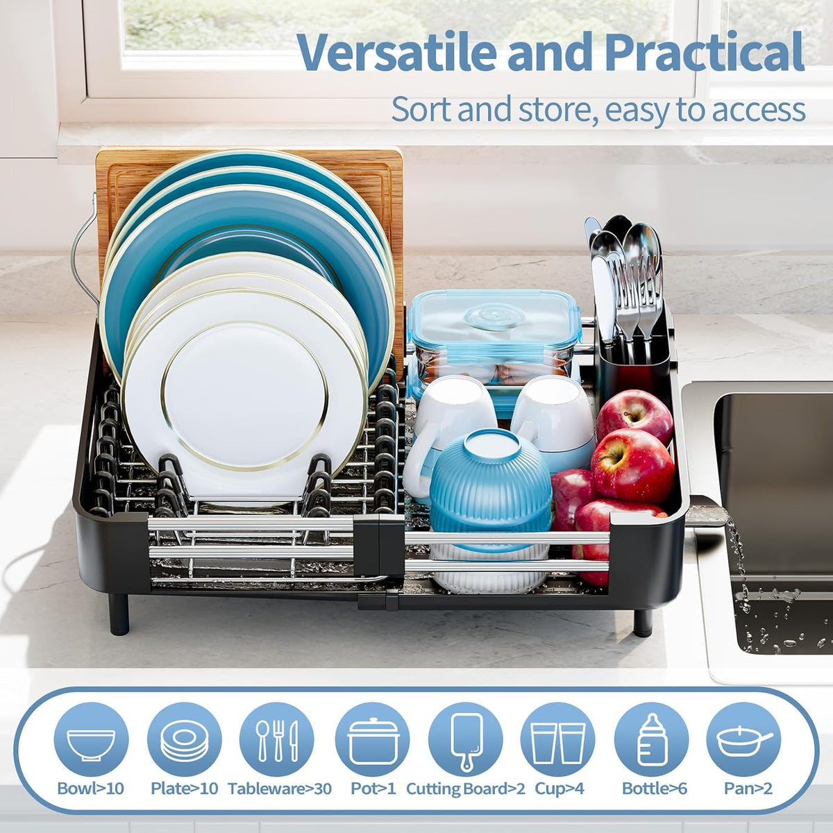 Dish Drying Rack for Kitchen Counter, Extendable Dish Rack with Drainboard, Collapsible Dish