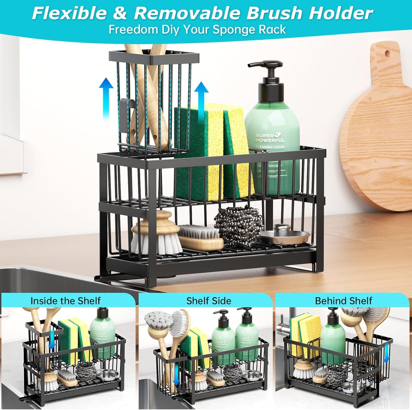 Sponge Holder for Kitchen Sink, 2 Tier Sink Caddy Organizer Countertop with Dish Brush Holder and