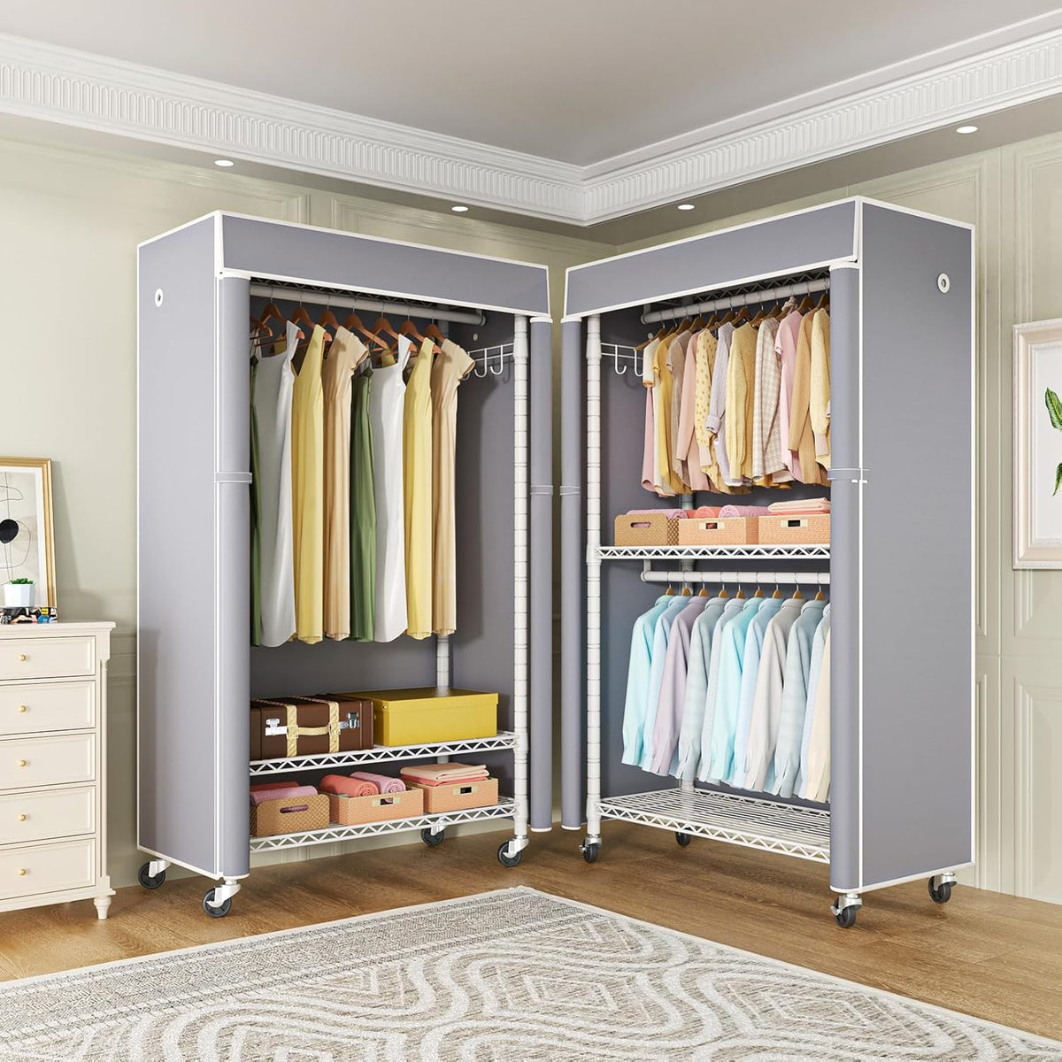 FUTASSI White Clothing Rack with Grey Cover, P1C Rolling Closet Rack with Wheels, Metal Garment