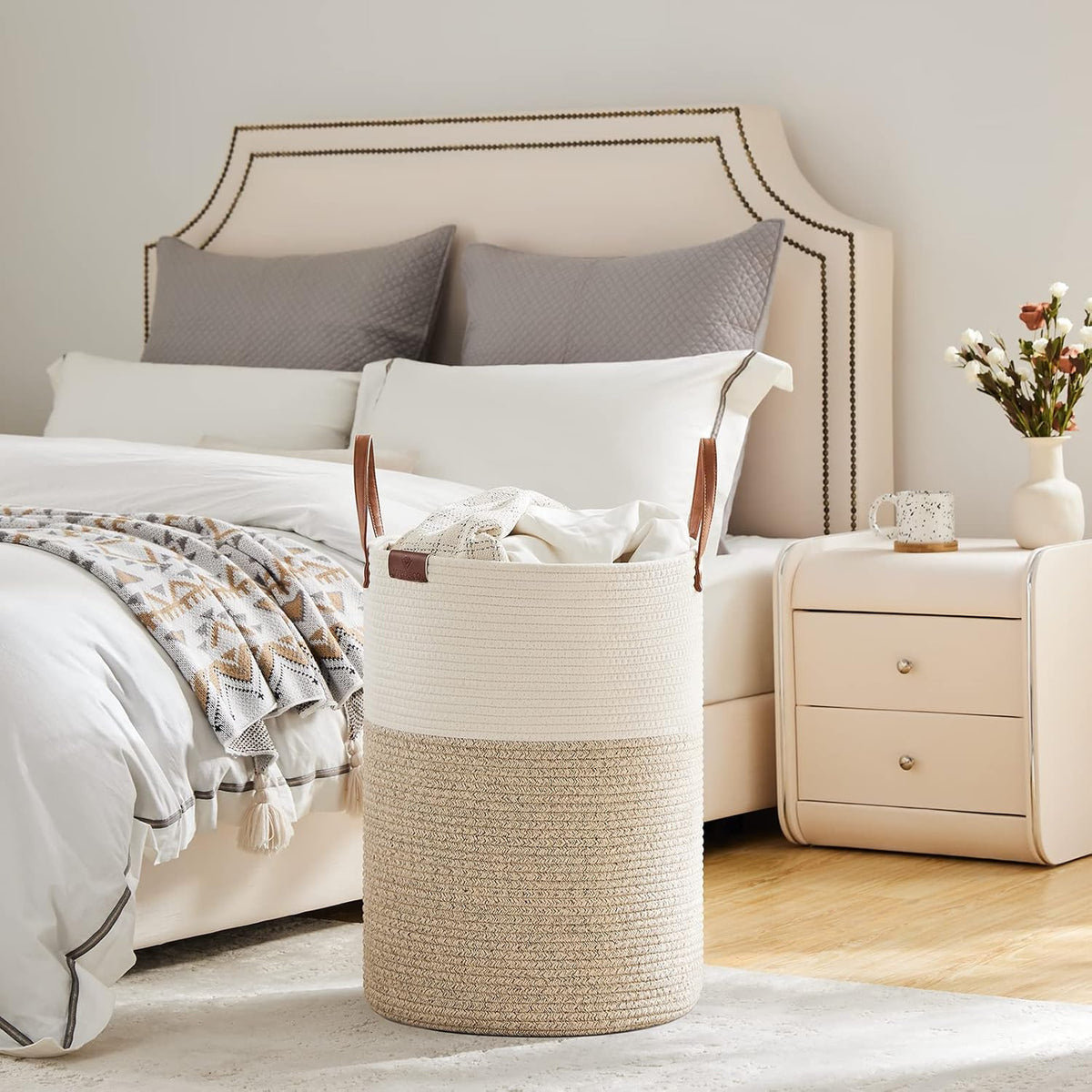 VIPOSCO Tall Laundry Basket, Large Dirty Clothes Hamper with Leather Handle, Woven Rope Storage