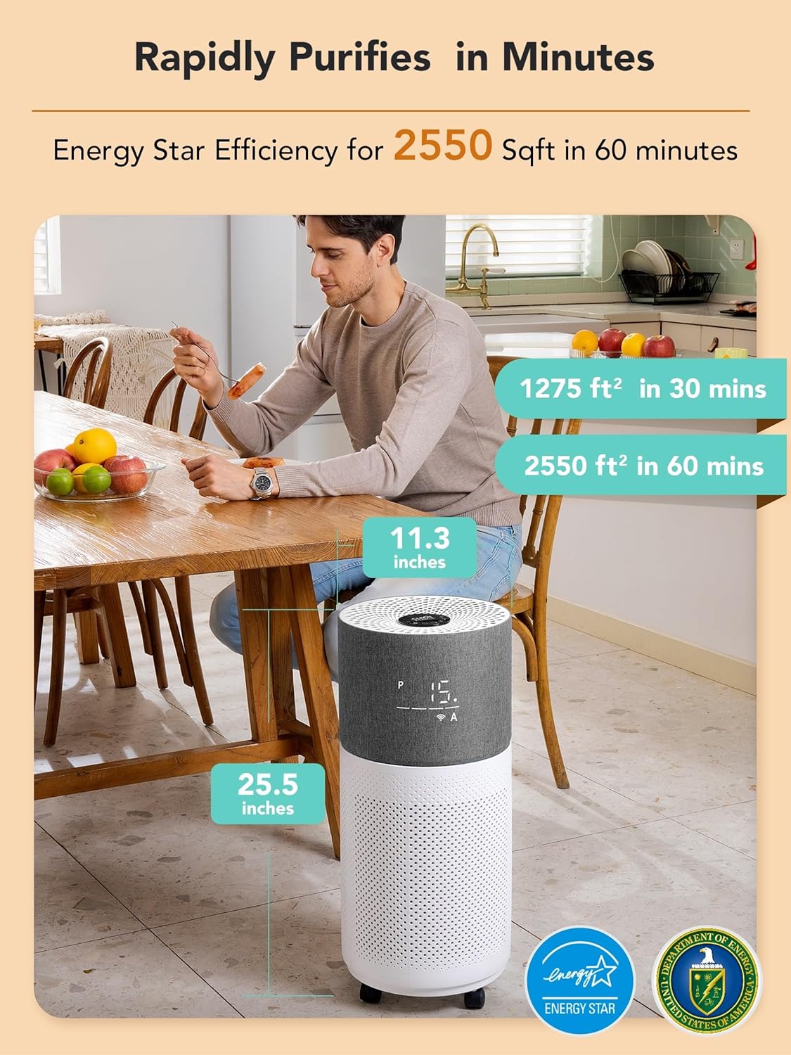 CleanForce Rainbow H13 True HEPA Air Purifier for Home Large Room, Bedroom, up to 2550sqft, Smart