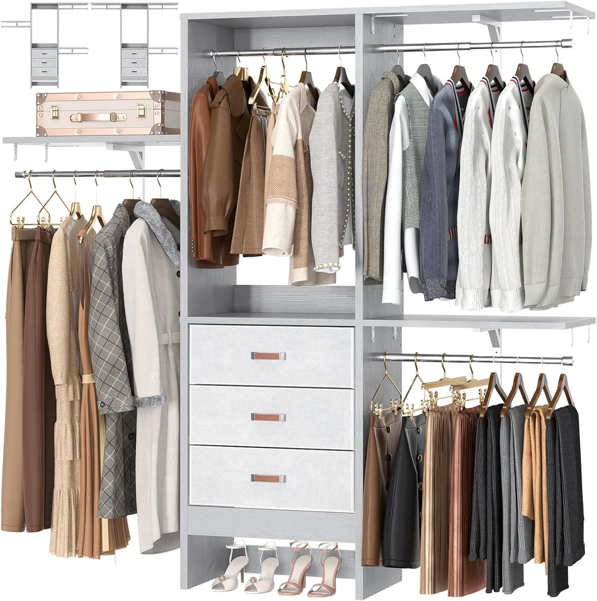 Armocity 5FT Small Closet System with 3 Fabric Drawers, 60 Inches Walk In Closet Organizer System