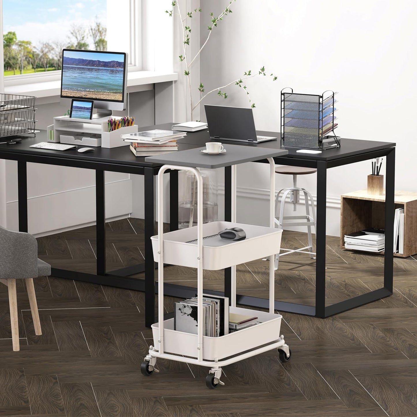 Simple Houseware 2-Tier Rolling Utility Cart with Lockable Wheels and Wood Top, Metal Storage