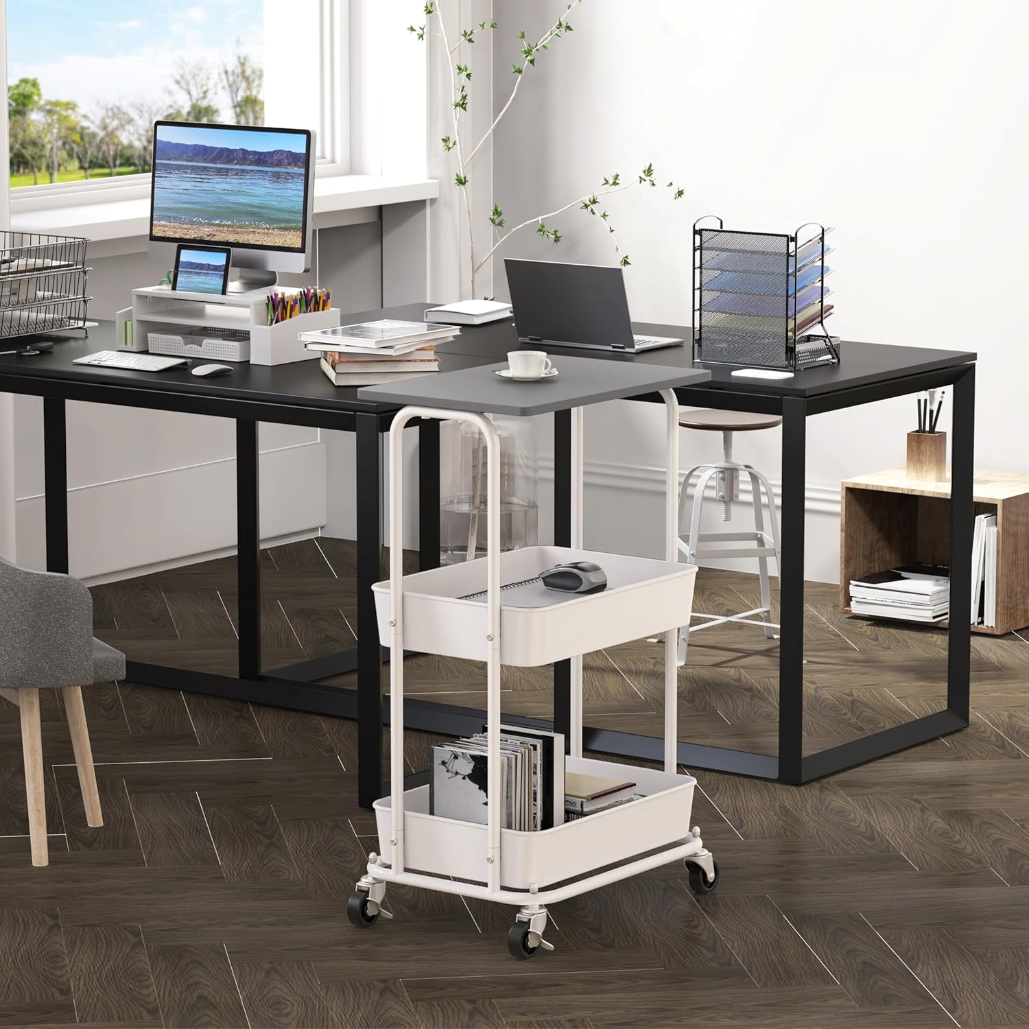 Simple Houseware 2-Tier Rolling Utility Cart with Lockable Wheels and Wood Top, Metal Storage